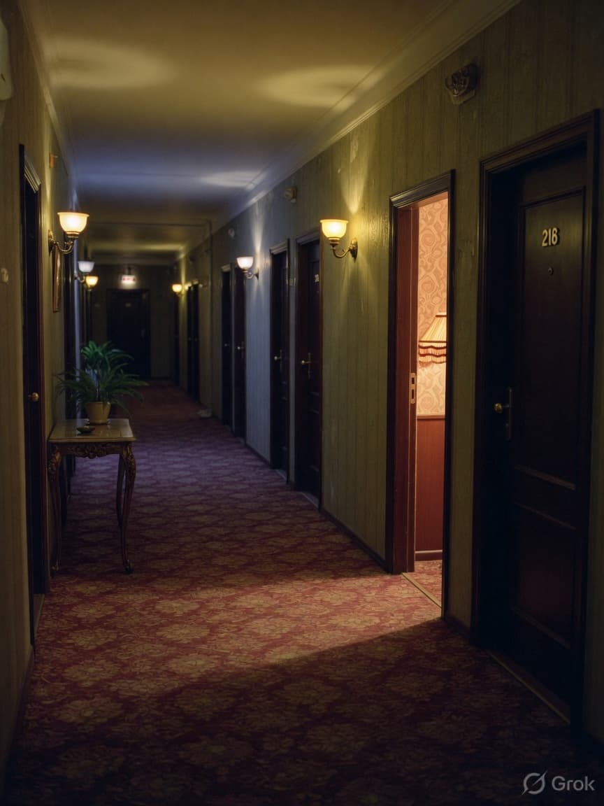 Empty hotel corridor at night with one door left slightly open