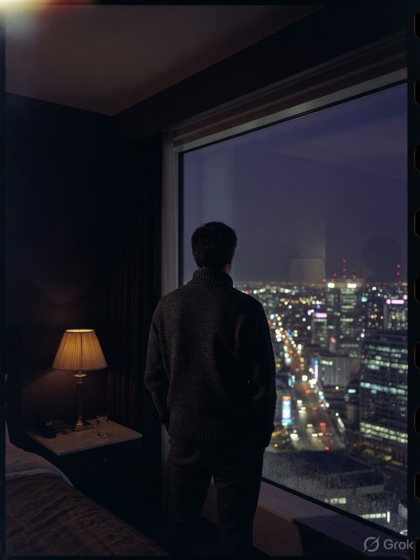 A person stands at a hotel window at night, back to the city